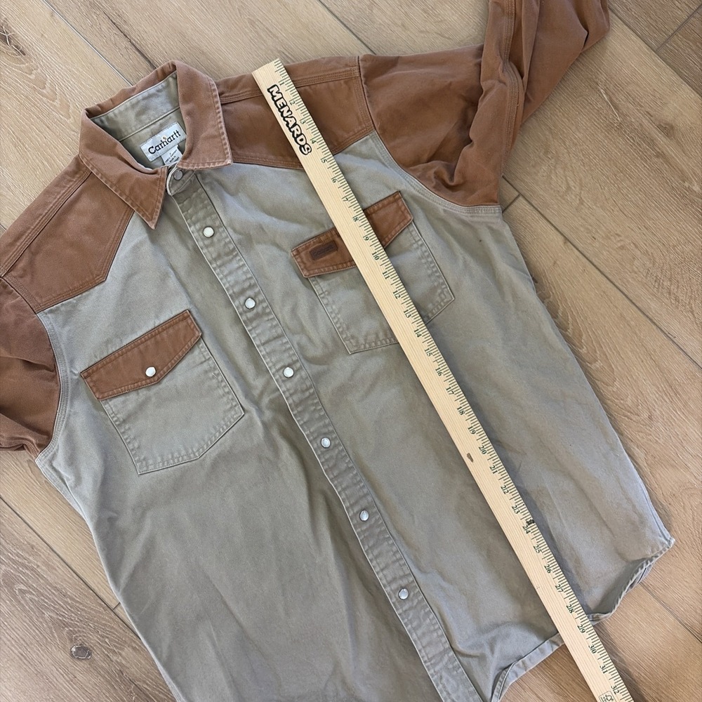 Carhartt Color Block Pearl Snap Canvas Shirt Jacket Green Khaki Men's Large L - Picture 5 of 7